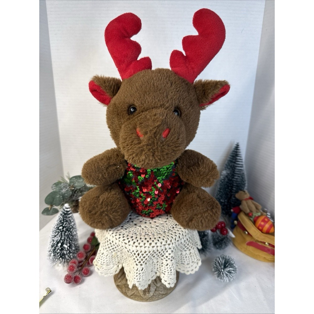 Holiday Time Christmas 12" Brown Plush Moose with Sequins Stuffed Animal Pal